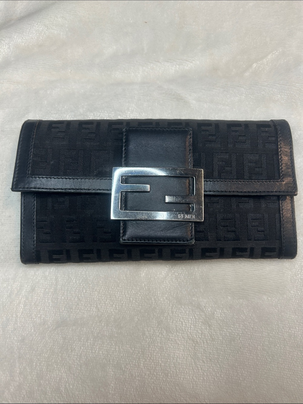 Fendi Black FF Logo Canvas Wallet with Silver Buckle EUC